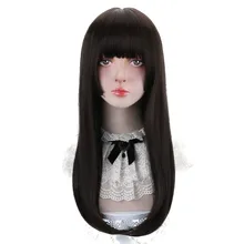 Free Beauty Long Straight Synthetic Black Strawberry Blonde Hair Wigs with Bangs for Women Lolita Cosplay Costume Halloween
