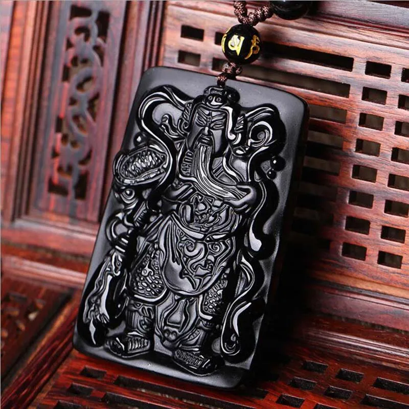 

KYSZDL Natural obsidian carving Guan Gong pendants men domineering Lucky obsidian pendant necklace jewelry wholesale