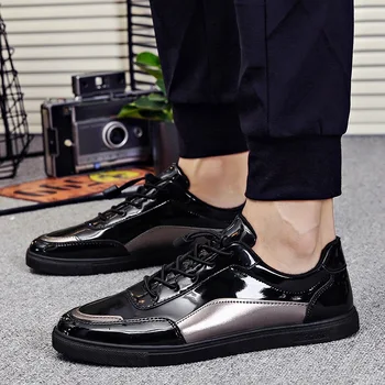 

New Fashion Casual Shoes Men Patent Leather Flats Shoes Comfortable Men's Loafers Lace-up Male Walking Shoes Size 39-44 Zapatos