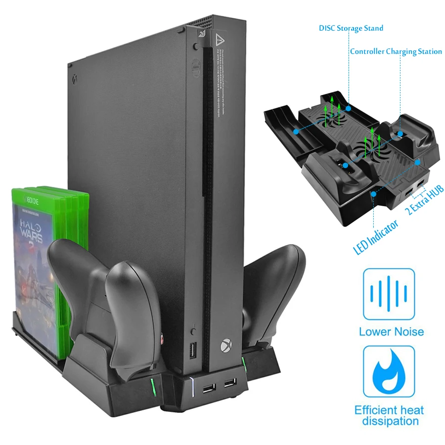 

Yoteen Vertical Stand for Xbox One X Cooling fans Controller Charger with 2 USB HUB Ports & Discs Storage Rack