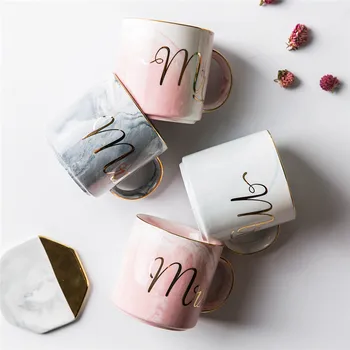 

400ML Hand painted Marble Pattern Gold Mr and Mrs Mug Lover Travel Coffee Mugs Wedding Anniversary Gift