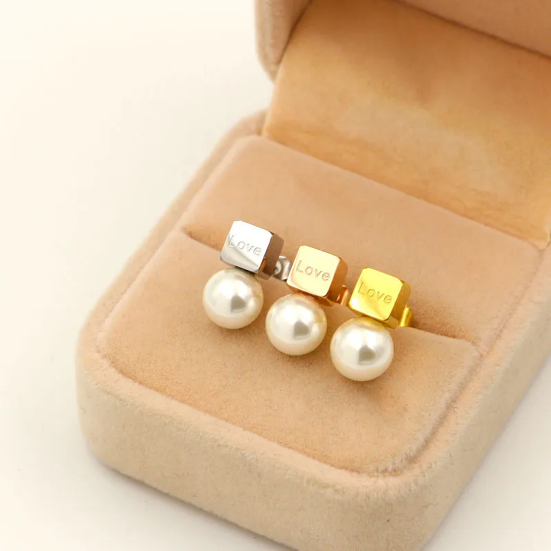 

Martick Cute Square Pearl Stud Earrings For Woman With Love English Letter Gold/Rose Gold/Silver Color Jewelry E11