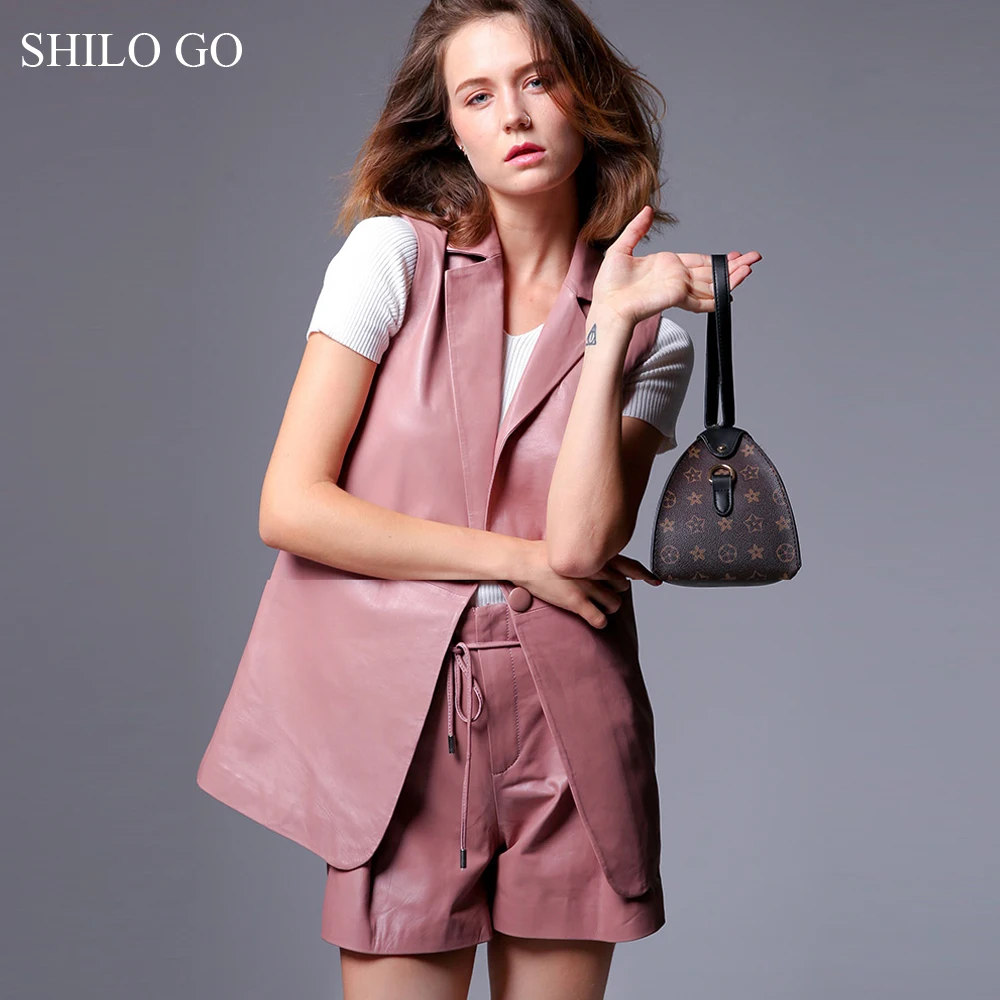 SHILO GO кожаные наборы для женщин Осенняя мода Овчина натуральная кожа костюм laple одной кнопки Длинный жилет Регулируемая Талия шорты