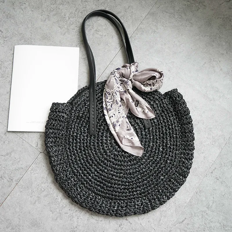 

[BXX] Women's Single Shoulder Bag All-match 2019 Summer Ladies Round Vintage Straw Beach Bag Woven Large Capacity Handbag HF022