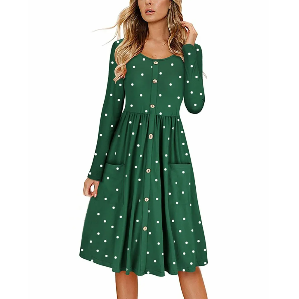 

JAYCOSIN Women's autumn holiday dress long-sleeved O-neck dot hem dress with pocket women's casual pleated midi dress