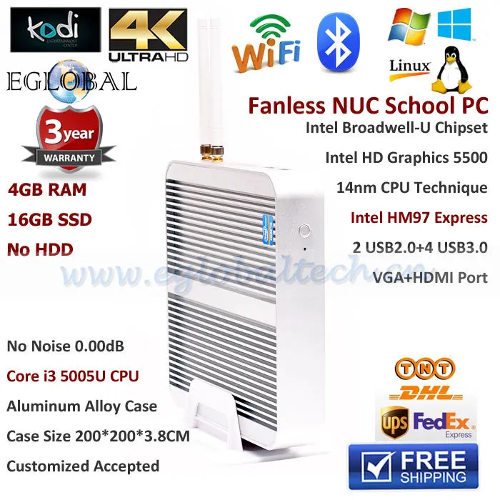 Mini ITX Alloy Palm Computer Fanless Broadwell Core i3 5005U Intel HD5500 Linux Mini Nuc PC 4GB RAM 16GB SSD WIFI USB3.0 LAN