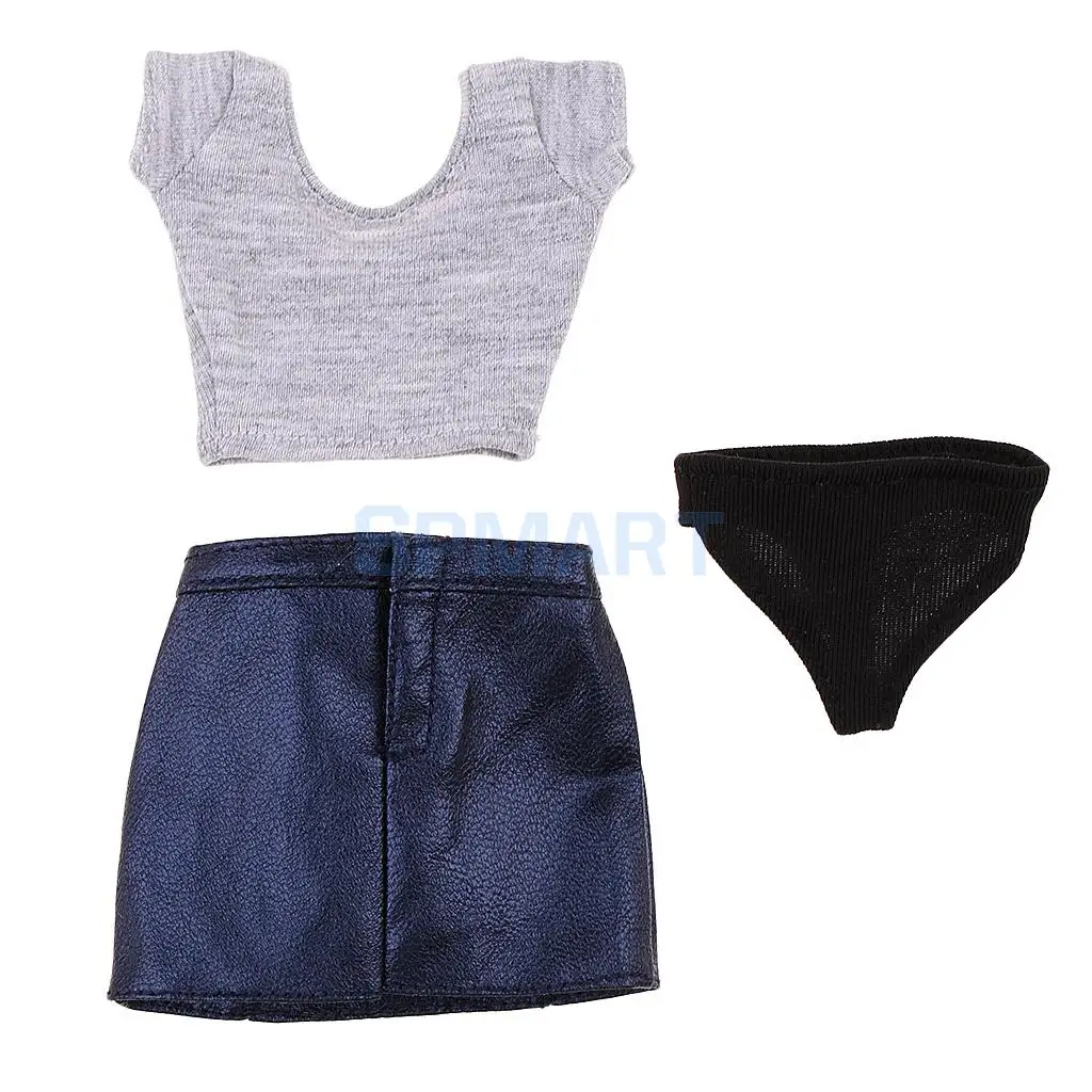 Printed T-shirt /& PU Leather Skirt 1//6 for 12/'/' Female Figure Clothes Accs