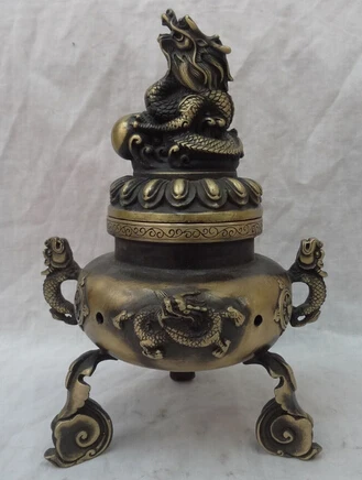

0 10" Tibet Bronze Folk Buddhist Dragon Beast Ball Statue Incense Burner Censer