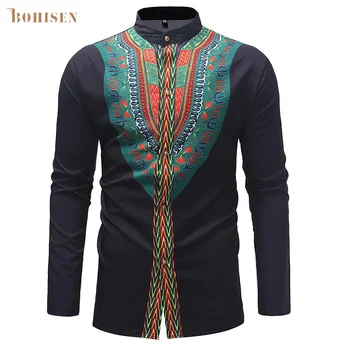 

BOHISEN African Men Clothes Dashiki Hip Hop Slim African Traditional Print Formal Dress Long Sleeve Male Clothes T-shirt