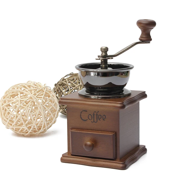  Fashion 1PCS Retro design Mini Manual Coffee Mill Wood Stand Bowl Antique Hand Coffee Bean Grind As a Gift 