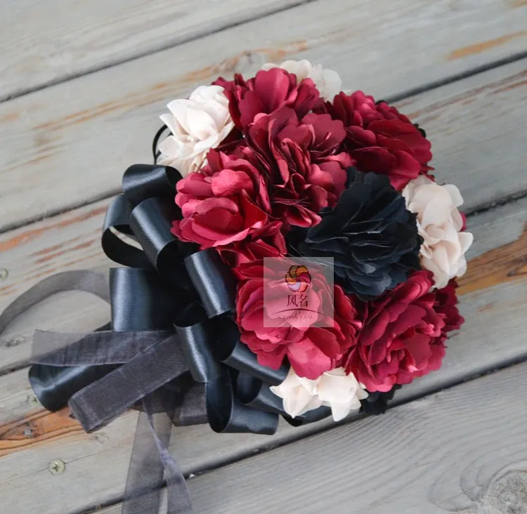 Shell Peach Handmade fabric bride holding flowers Wine red