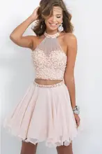 Zwei Stücke 2017 Homecoming Kleider A-line Halfter Kurz Mini Rosa Organza Perlen Kristalle Backless Cocktailkleider