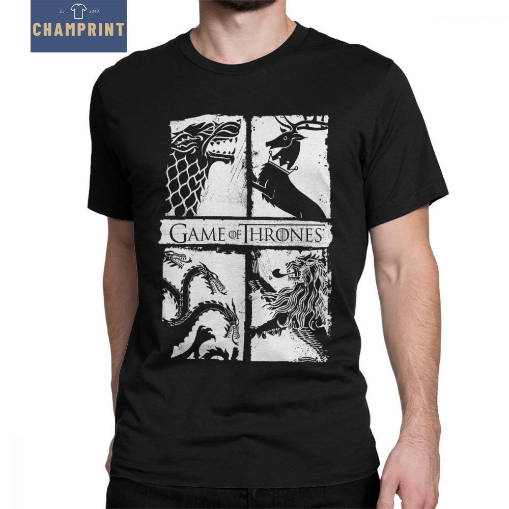 

Game Of Thrones T Shirts Men Four House Sigils Casual House Stark Targaryen Lannister Tops Tees 100% Cotton Crew Neck T-Shirt