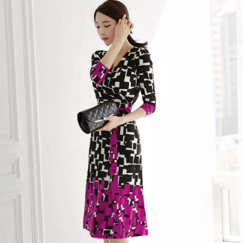 Осенняя офисная одежда с v-образным вырезом, 3/4 рукав, карандаш, до колена, с принтом, для работы, женское платье