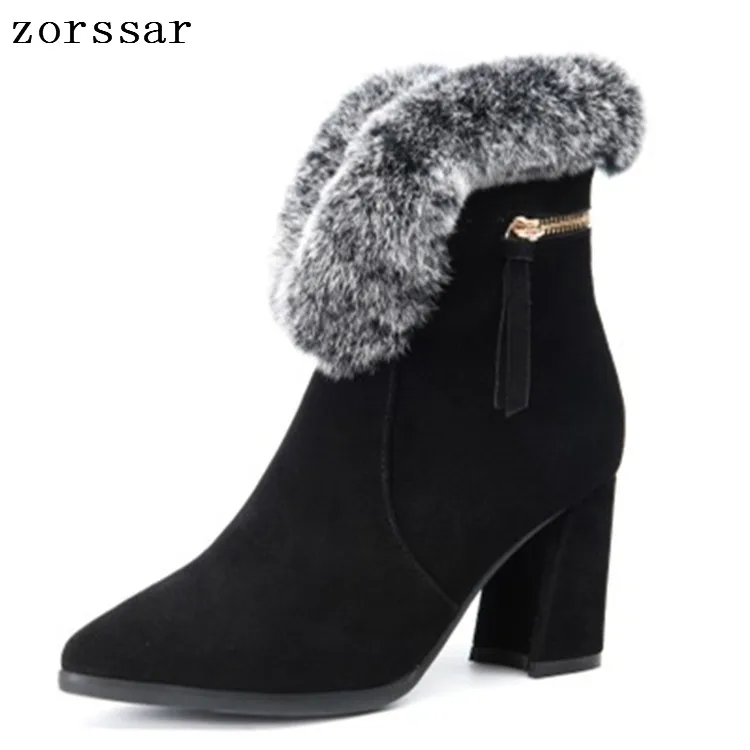 

{Zorssar} Pointed toe High Heel Women Ankle Boots Suede Leather Women Snow Boots Winter Short Plush Inside Thick heel shoes
