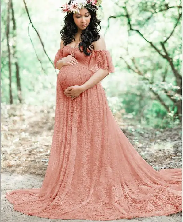 Кружевное платье для беременных для фотосессии, длинное платье макси, вечернее платье для беременных, реквизит для фотосессии, платье для беременных женщин - Цвет: Dark Pink
