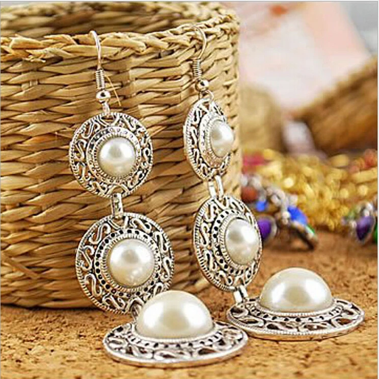 

Fashion Dangle Earrings New Style Retro Noble WOmen 3 Circle White Simulated Pearl Drop Earrings