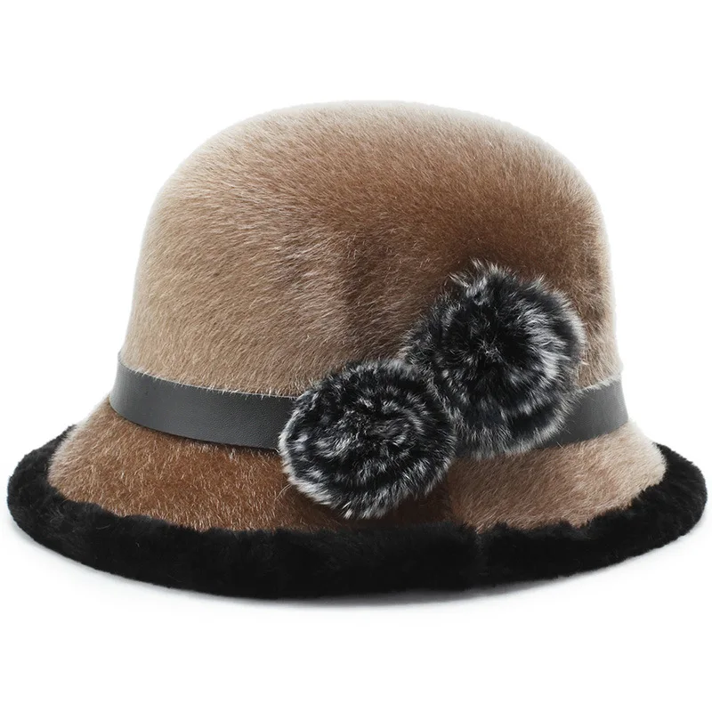 Женская элегантная зимняя теплая шерстяная Кепка с теплым цветком широкополые шляпы для женщин среднего возраста Женские ведерки шляпы для мамы