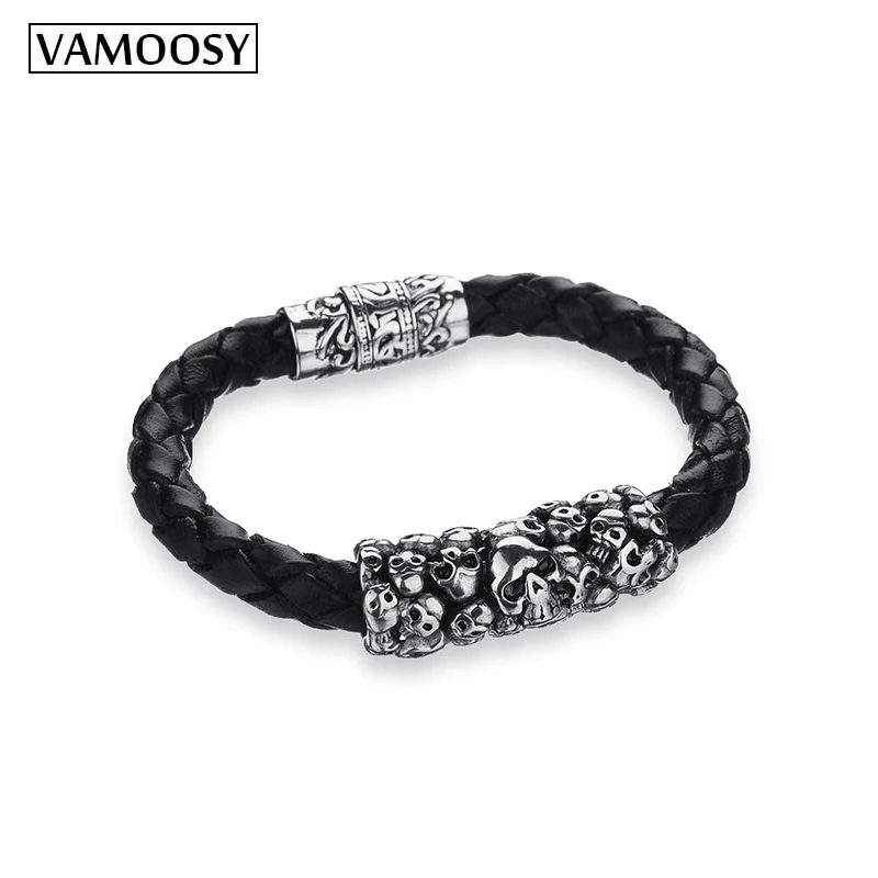 

Skull Bracelets men Stainless Steel Real Black Leather Bracelet Wristband Bangle Punk Style Fashion Jewlery pulseras hombre