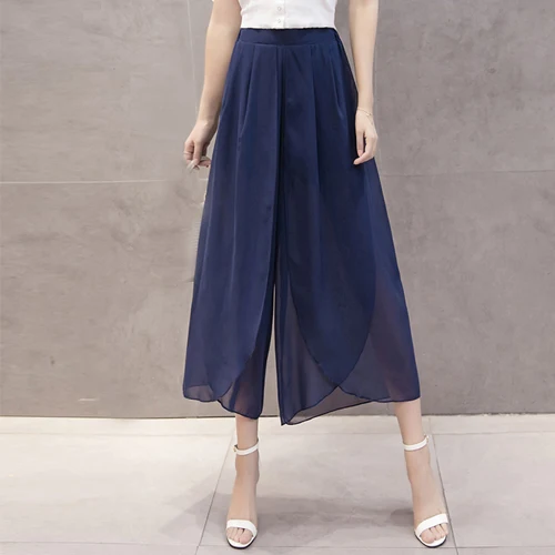 Твердые широкие брюки ноги Для женщин летние женские свободные повседневные брюки Для женщин Высокая Талия шифон Брюки Женские брюки плюс Размеры 5XL - Цвет: blue
