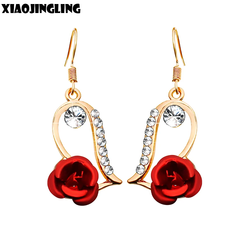 

XIAOJINGLING Fashion Jewelry Women Girls Red Rose Flower Dangle Earring Crystal Inlay Diamante Heart Shaped Drop Earrings Party