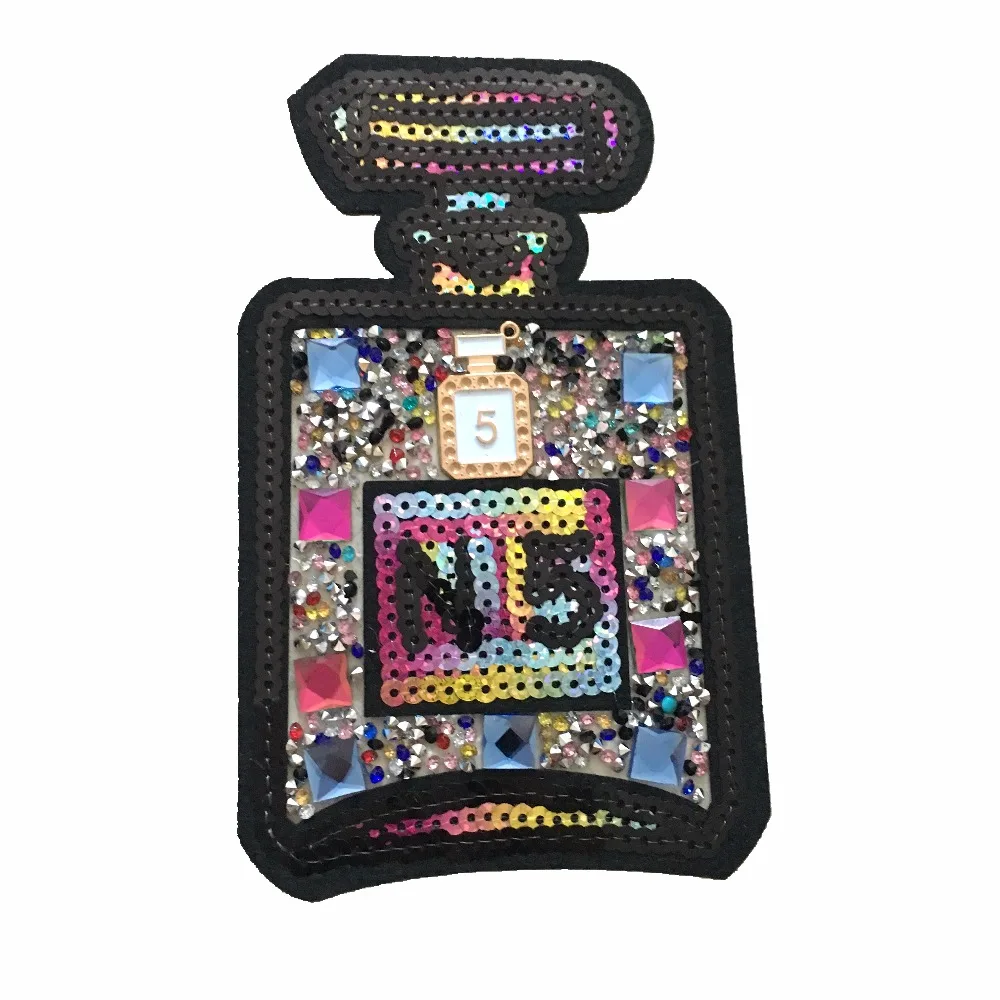 

1 PC Rhinestines N 5 Perfume Bottle Embroidered Patch Iron on Sewing Crystal Sequined Applique for Jeans Clothing Decorations