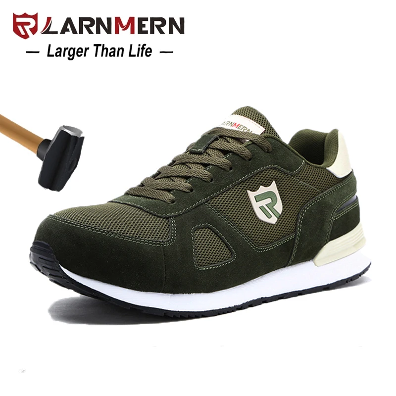 LARNMERN Men Steel Toe Safety Shoes Camo Green Breathable Suede Work