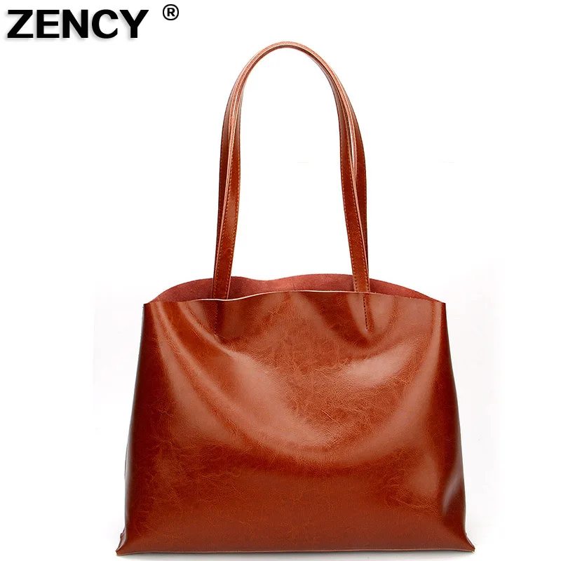 

ZENCY 2019 Fashion Shopping Style Women's Bucket Handbag Genuine Oil Wax Cow Leather Shoulder Messenger Cowhide Teenager Bags