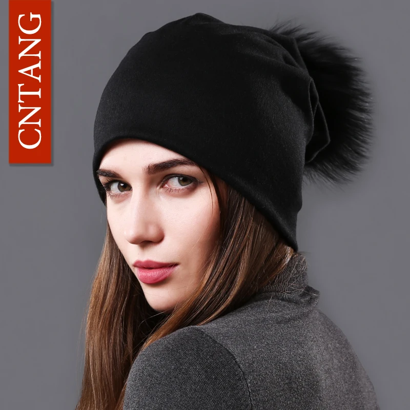 CNTANG Female Natural Raccoon Fur Pompom Hats Beanies Autumn Winter Warm Solid Caps For Women Fashion Cotton Skullies Thin Hat