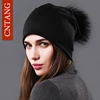CNTANG Female Natural Raccoon Fur Pompom Hats Beanies Autumn Winter Warm Solid Caps For Women Fashion Cotton Skullies Thin Hat 1