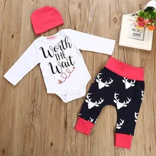 Детская одежда для новорожденных для мальчиков и девочек с надписью, детский комбинезон, комплект из топа с рисунком оленя и штаны, комплект одежды для детей