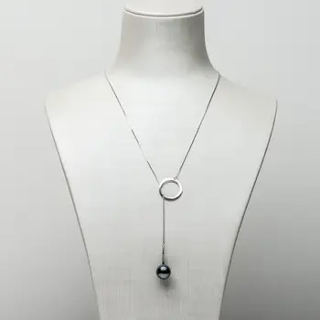

Free Shipping Round Black Real Tahitian Cultured Pearl Necklace 925 Sterling Silver