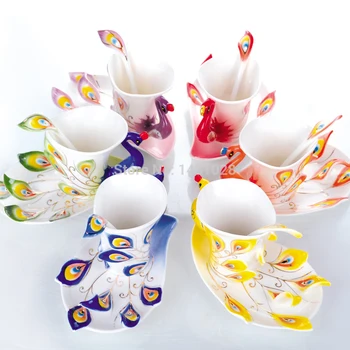 

High quality Peacock Cup mugs Ceramic porcelain enamel couple cups wedding birthday gift creative tea cup Six-color Optional
