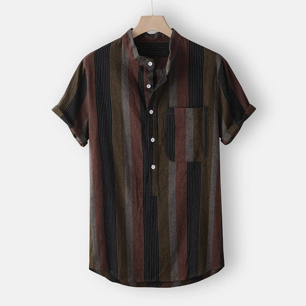 2020 Summer Men's Hawaiian Shirt Tops Fashion Strip Print Short Sleeve Stand Collar Linen Streetwear Shirt Men Top Chemise Homme 2020 Summer Men's Hawaiian Shirt Tops Fashion Strip Print Short Sleeve Stand Collar Linen Streetwear Shirt Men Top Chemise Homme