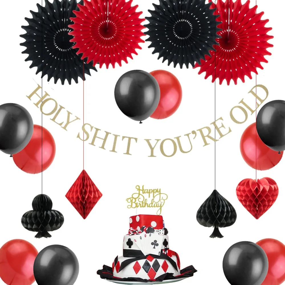 Казино Покер тематическая вечеринка на день рождения украшения Черный Красный воздушные шары забавные баннеры день рождения торт Топпер Поклонники Лас-Вегаса поставки
