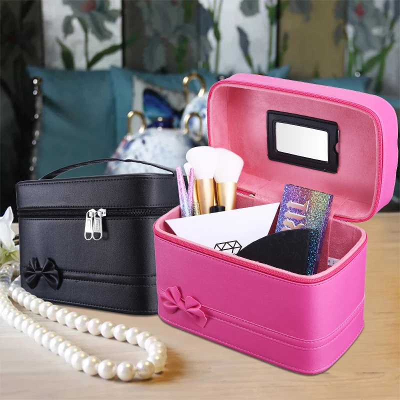2 Color High Quality Fashion Bowknot Portable PU Cosmetic Box Large