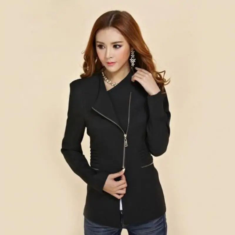 Модная женская куртка с длинным рукавом, топ для офиса, Женский блейзер на молнии, костюм, приталенная куртка с отворотом, верхняя одежда из полиэстера, официальная верхняя одежда - Цвет: Черный