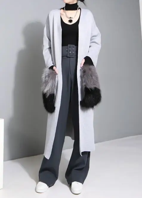 Женское трикотажное пальто GETSPING с меховой отделкой на карманах, удлиненное теплое пальто, зимние женские пальто, универсальный размер, свободная теплая трикои свободного размера, свободная теплая трикотажная одежда