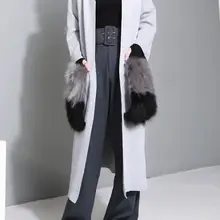 Женское трикотажное пальто GETSPING с меховой отделкой на карманах, удлиненное теплое пальто, зимние женские пальто, универсальный размер, свободная теплая трикои свободного размера, свободная теплая трикотажная одежда