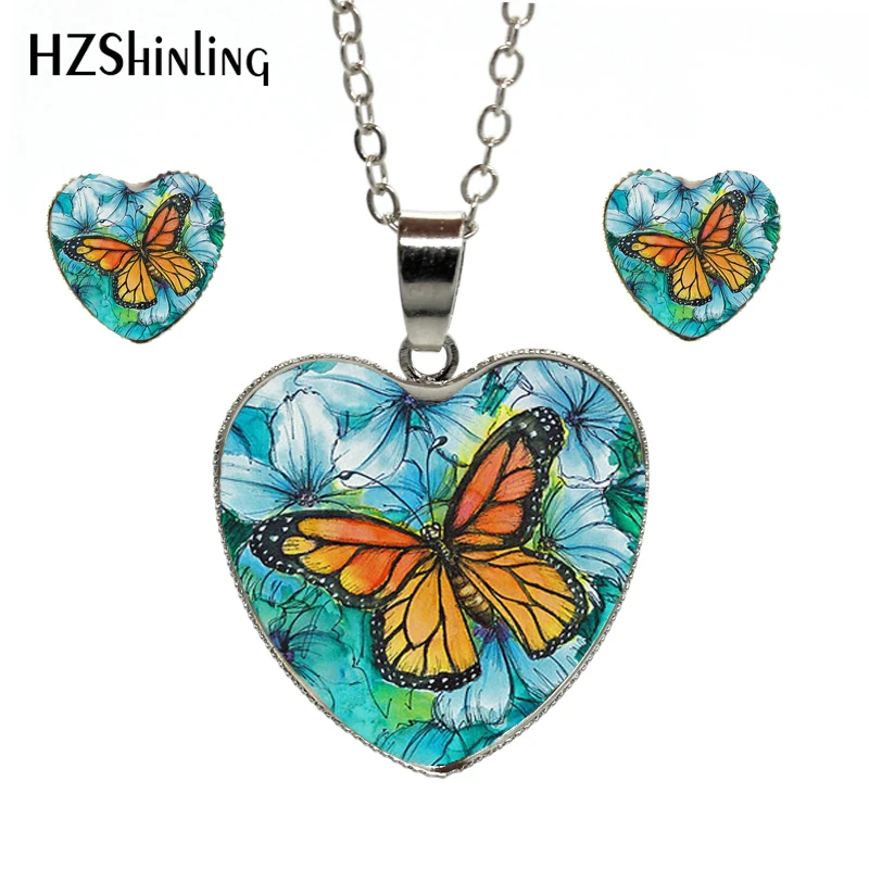 

2018 New Fashion Bright Butterfly Pendant Heart Necklace Earring Set Beautiful Butterfly Jewelry Wonderful Gift For Girl Lady
