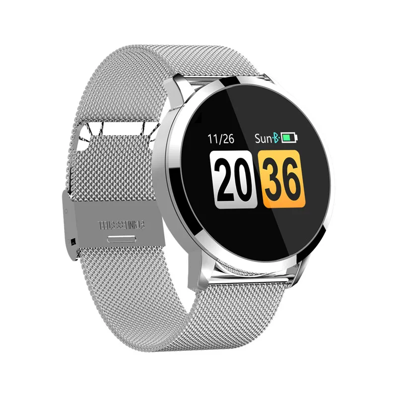 Q8, круглые Смарт-часы для мужчин и женщин, пульсометр, кровяное давление, фитнес-трекер, IP67, умные часы, подключение информации, пуш-ап, Android, Iphone - Цвет: Silver steel