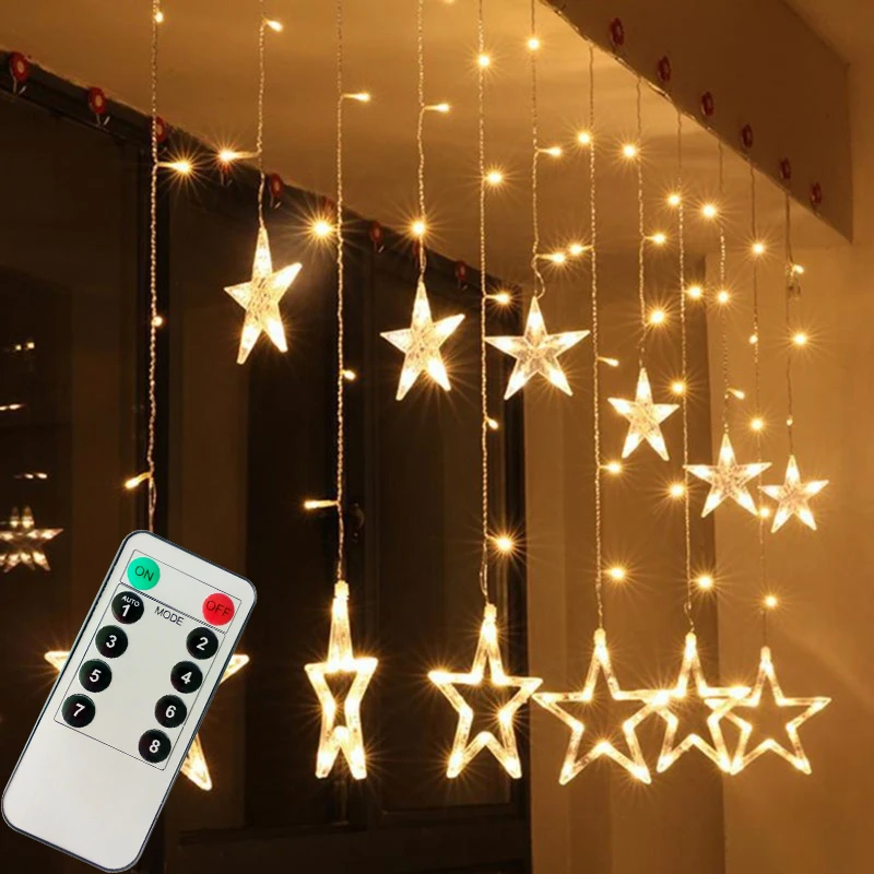 Рождественские огни+ пульт дистанционного управления 220V романтическая сказочная звезда светодиодный гирлянда для занавесок для праздника Свадебная Декоративная гирлянда