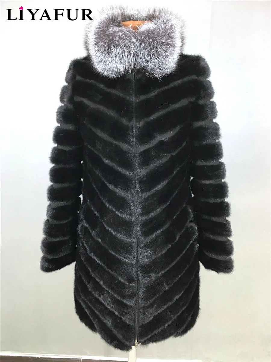 Женская Шуба из натурального меха норки с воротником лисьего меха|real mink fur coat|mink