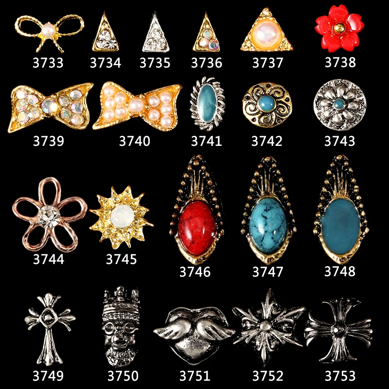 

100PCS Glitter 3d Metal Alloy Nail Art Decorations Bohemian retro Roman style nail ornaments cracked stone accessories 3733-3753