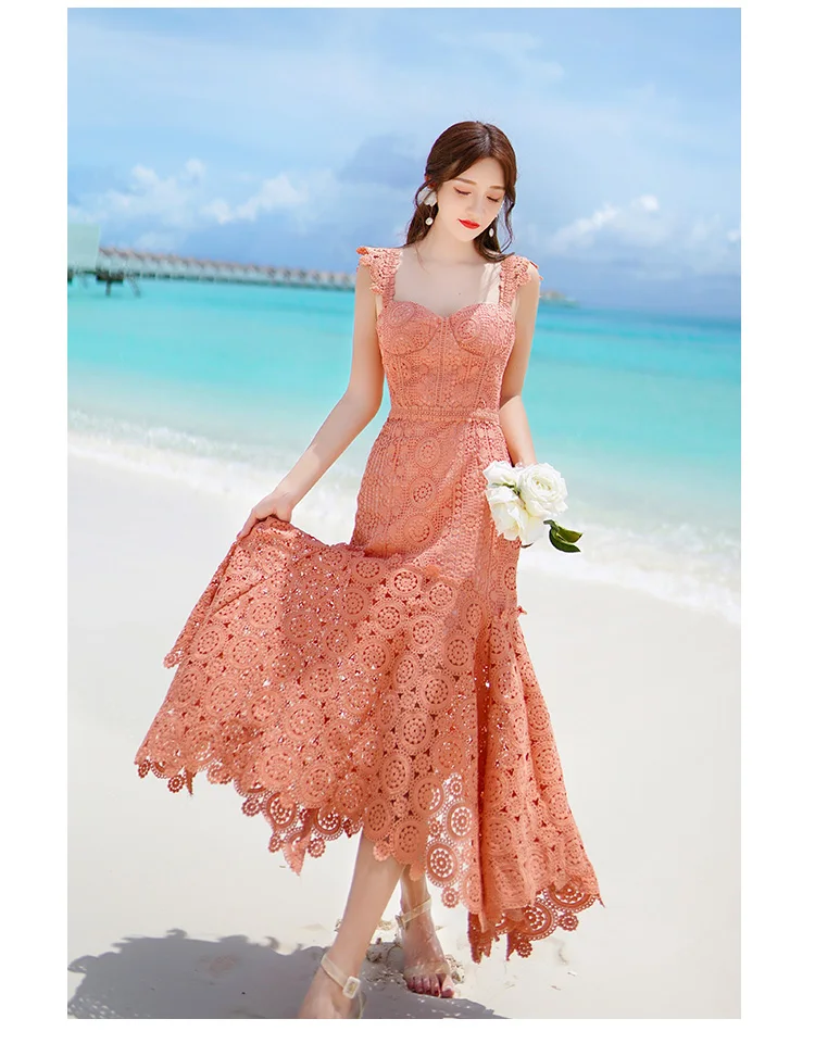 HAMALIEL женское оранжевое кружевное платье, подиумная летняя блузка на бретелях без бретелек, длинное платье в обтяжку, сексуальное пляжное платье с вязаными вставками