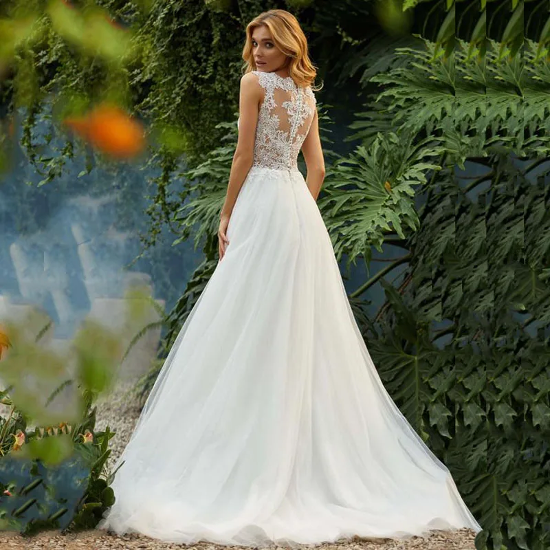 

LORIE Princess Wedding Dress 2019 O-Neck Appliqued with Lace top Tulle Skirt Beach Boho Wedding Gown Custom made Bride Dresses