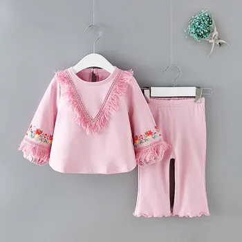 

spring children clothing sets fashion baby girls top+pant clothes tassel flowers embroidery lantern sleeve kids outfits