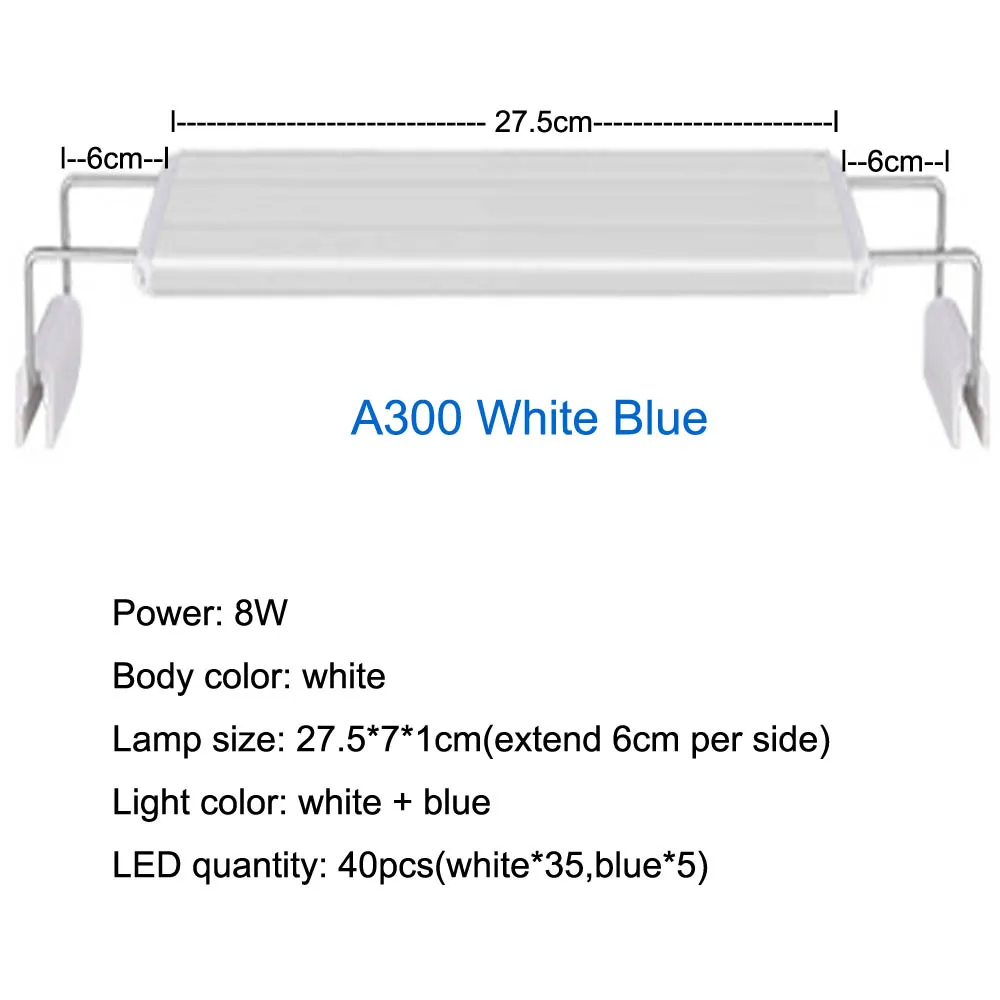 Супер тонкий светодиодный светильник для аквариума 18-58 см, Высококачественная лампа для аквариума с Выдвижная подставка, кронштейн белого и синего цвета - Цвет: A300