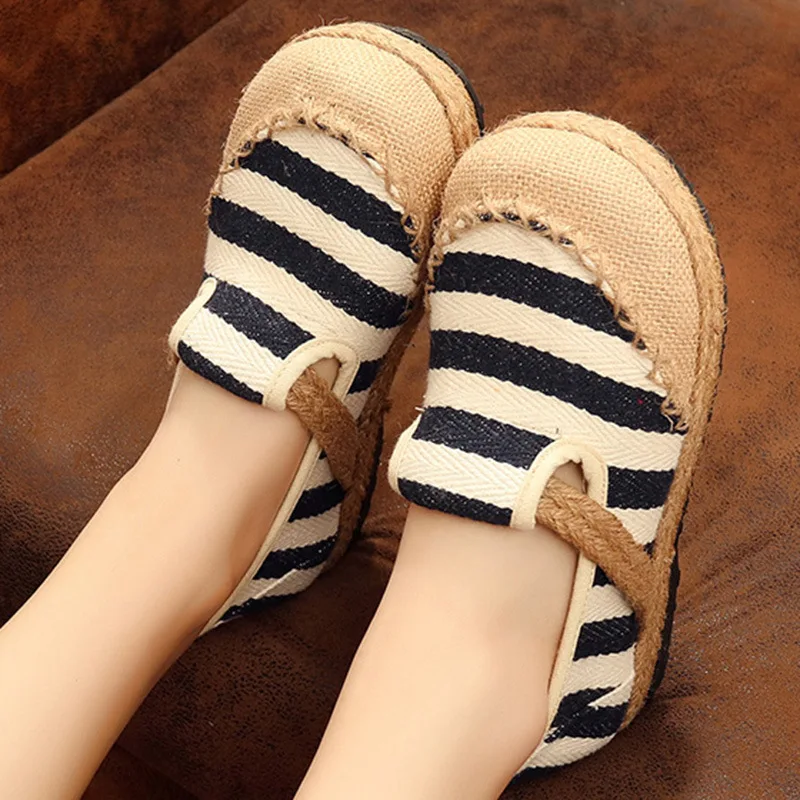 

YoYiKamomo Women's Vintage Striped Flats Ladies Cotton Linen Comfortable National 2018 Autumn Spring Women Flats Girl Loafer