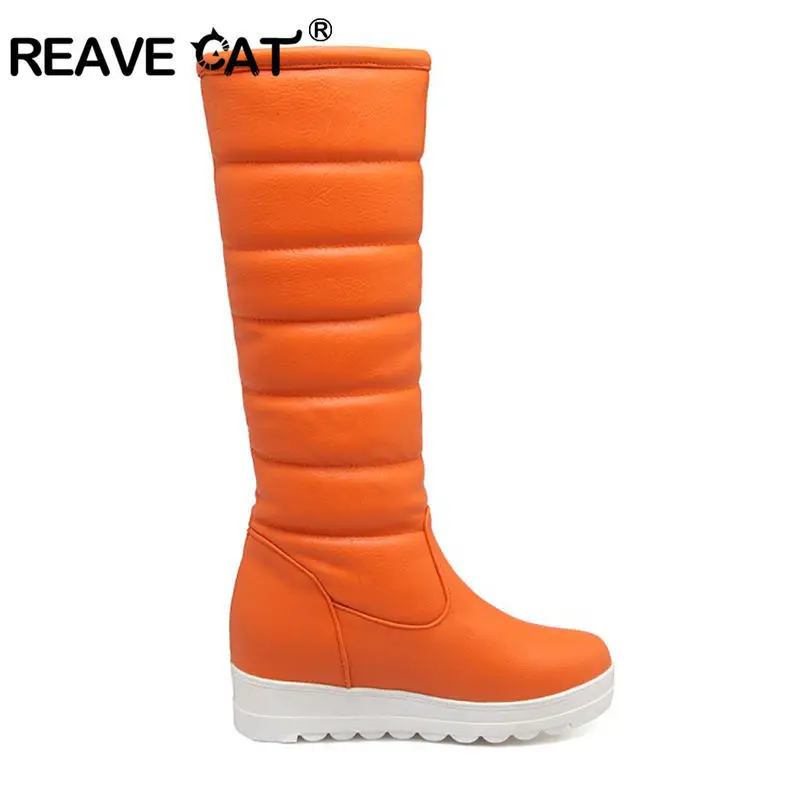 REAVE CAT/Большие размеры 34-42, Зимняя Теплая обувь на меху женские пикантные зимние сапоги до колена водонепроницаемая обувь на танкетке теплая обувь, A178